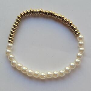 White Pearl Gold Beaded Bracelet Stretch Elastic Fashion Costume Jewelry Gift